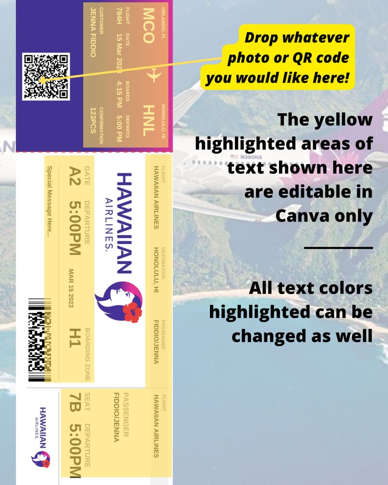May include: A blue and white airline boarding pass with the text "Hawaiian Airlines" and a flight number of 784H. The pass is for a flight from Orlando, Florida (MCO) to Honolulu, Hawaii (HNL) on March 15, 2023. The passenger's name is Jenna Fiddio. The boarding zone is H1 and the seat is 7B. The departure time is 5:00 PM.