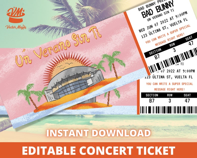 Bad Bunny Concert Ticket Template Gift Certificate Un Verano Etsy