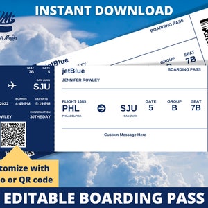Modèle de billet modifiable carte d'embarquement, cadeau surprise de la compagnie aérienne, faux billet d'avion, billet d'avion imprimable