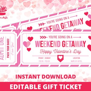 Certificado de regalo de plantilla de vale de escapada de fin de semana - Regalo imprimible del día de San Valentín - Certificado de regalo editable