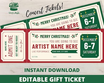 Concert Ticket Template Gift Certificate - Editable Gift Certificate - Printable Christmas Gift Card