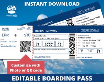 Bearbeitbare Bordkarte Ticketvorlage, Überraschungsfluggeschenk, Gefälschtes Flugticket, druckbares Flugticket
