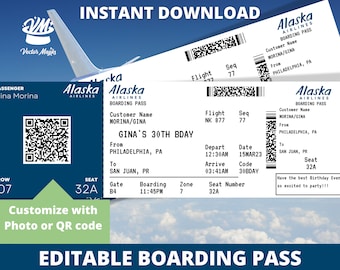 Bearbeitbare Bordkarte Ticketvorlage, Überraschungsfluggeschenk, Gefälschtes Flugticket, druckbares Flugticket