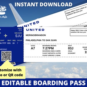 Modèle de billet de carte d’embarquement modifiable, cadeau aérien surprise, faux billet d’avion, billet d’avion imprimable