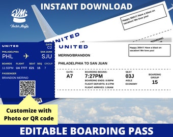 Bearbeitbare Bordkarte Ticketvorlage, Überraschungsfluggeschenk, Gefälschtes Flugticket, druckbares Flugticket