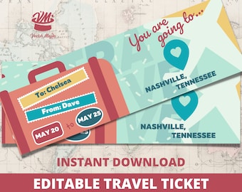May include: Editable travel ticket template with a suitcase, airplane, and heart icon. The text says "You are going to... Nashville, Tennessee".