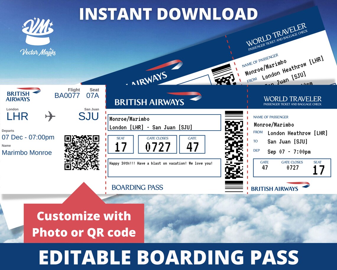 Editable Boarding Pass Ticket Template Surprise Airline Gift - Etsy