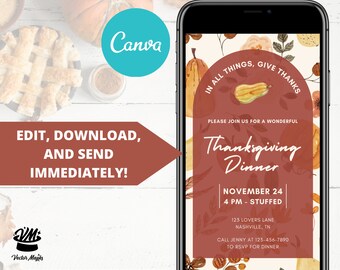 Thanksgiving Dinner Invitation, Thanksgiving Mobile Invitation Template, Friendsgiving Invite, Thankful Thanksgiving