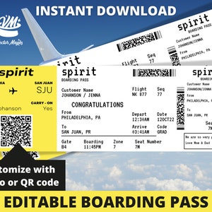 Modèle de billet modifiable carte d'embarquement, cadeau surprise de la compagnie aérienne, faux billet d'avion, billet d'avion imprimable