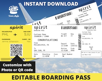 Bearbeitbare Bordkarte Ticketvorlage, Überraschungsfluggeschenk, Gefälschtes Flugticket, druckbares Flugticket