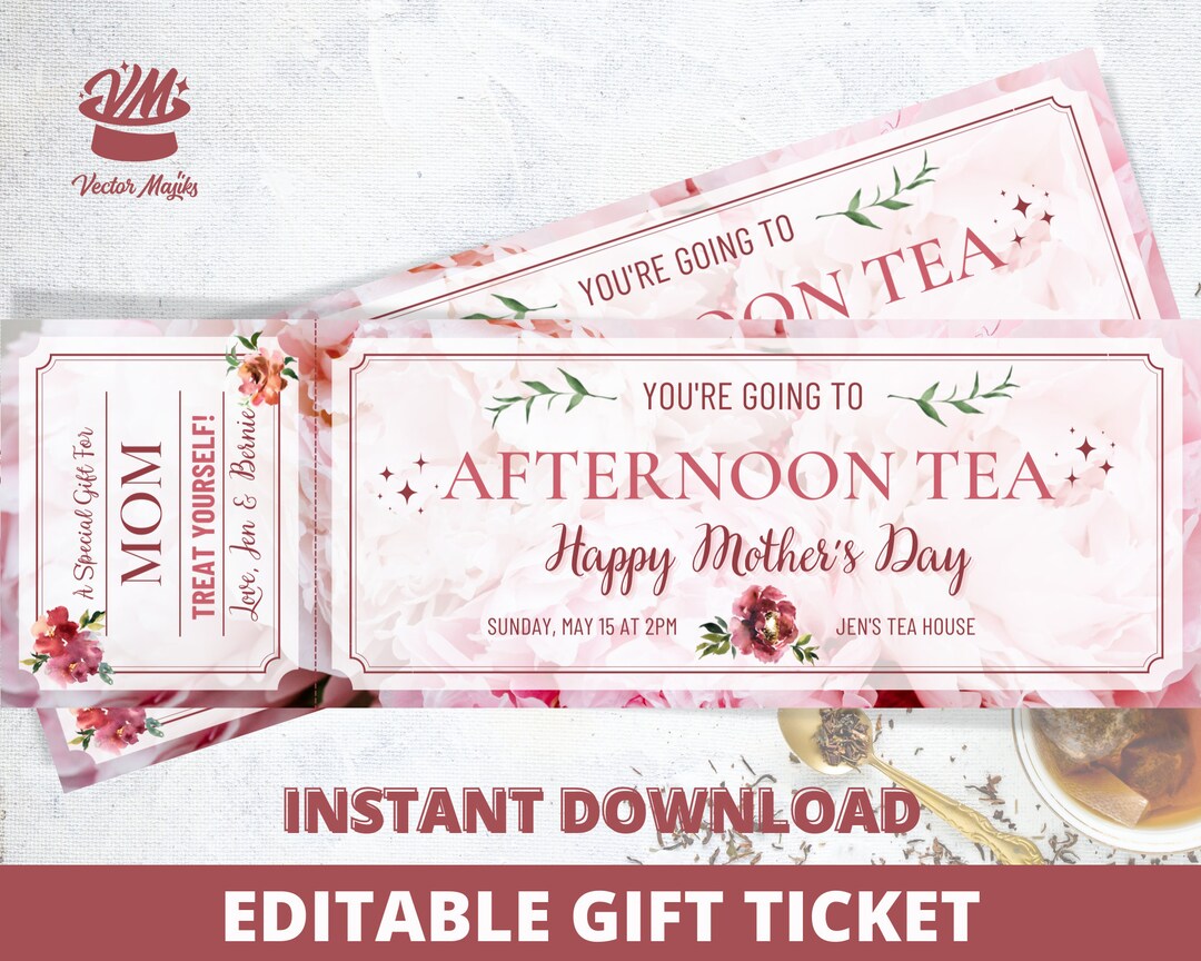 Afternoon Tea Gift Voucher Mothers Day Gift Certificate, High Tea Gift, Personalized Mothers Day