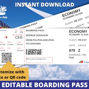Editable Boarding Pass Ticket Template, Surprise Airline Gift, Philippines, Fake Printable Airline Ticket
