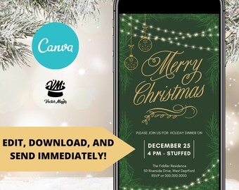 Rustic Evergreen Christmas Dinner Party Invitation, Christmas Party Invite, Holiday Party Invitation