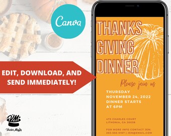 Thanksgiving Dinner Invitation, Thanksgiving Mobile Invitation Template, Friendsgiving Invite, Potluck Dinner