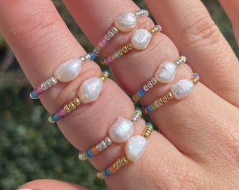 Beaded ring | Elastic ring | Freshwater pearl | Colorful | Stainless steel