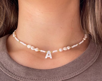 Bead necklace with initial | Seed bead necklace | Initial necklace | Freshwater pearl | Stainless steel