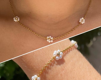 Pearl floral bracelet + necklace | Jewelry set | Stainless steel | Adjustable | Necklace + bracelet