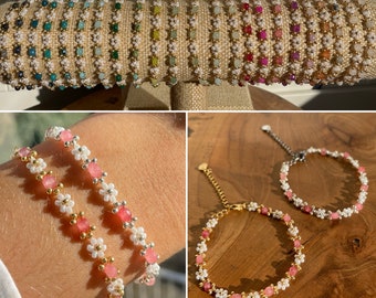 Pulsera de flores con cuentas facetadas | Acero inoxidable | Ajustable