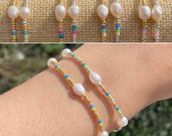 Beaded bracelet | Freshwater pearl | Colorful bracelet | Adjustable | Stainless steel