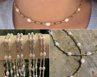 Beaded Necklace | Freshwater pearl | Colorful | Adjustable | Stainless steel