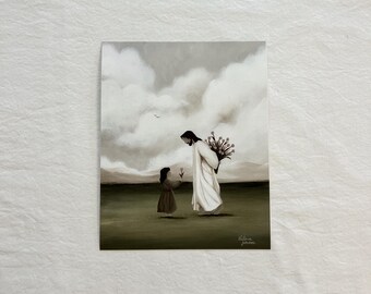 Jesus and Little Girl Art Print | Christian Wall Art | Faith Nursery Decor | Inspirational Bible Artwork | Neutral home Decor