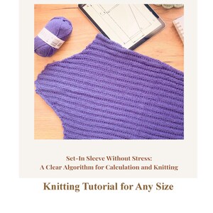 May include: A close-up of a knitted purple sleeve, a ball of purple yarn, and a tablet with a knitting pattern on a wooden surface. The text reads "Set-In Sleeve Without Stress: A Clear Algorithm for Calculation and Knitting. Knitting Tutorial for Any Size."
