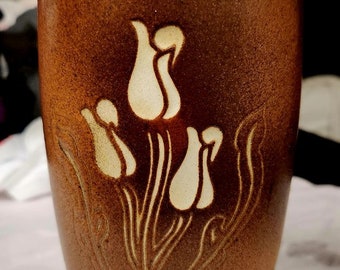 Pottery Craft Stoneware Vase with Tulips Handcrafted Compton CA