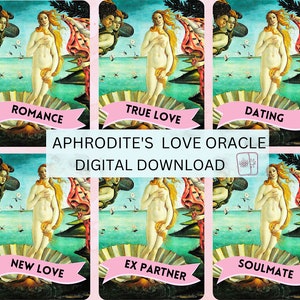 Könnte beinhalten: Sechs digitale Download-Karten mit einem Gemälde der Göttin Venus. Jede Karte hat ein rosafarbenes Banner mit einem anderen Wort zum Thema Liebe: Romantik, Wahre Liebe, Dating, Neue Liebe, Ex-Partner, Seelenverwandter. Die Karten sind Teil eines Aphrodite's Love Oracle-Sets.