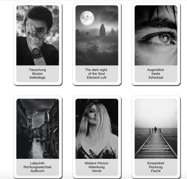 May include: Six black and white tarot cards with images and text. The cards are arranged in two rows of three. The top row shows a man covering his face with his hand, a dark night scene with a full moon, and a close-up of an eye. The bottom row shows a canal in Venice, a woman with long hair, and a person walking on a pier.