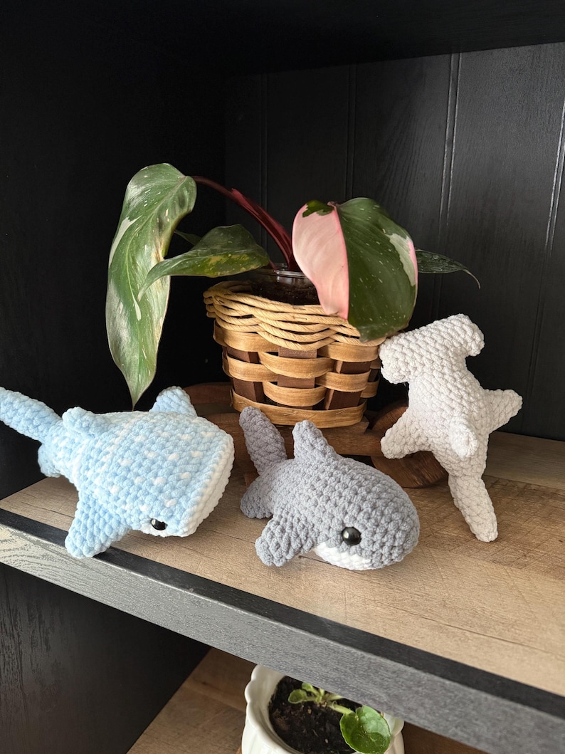 May include: Three crocheted shark plushies in light blue, gray, and white, with black safety eyes, sit on a wooden shelf. A potted plant with green and pink leaves is in the background. The sharks are handmade and have a soft, textured appearance.