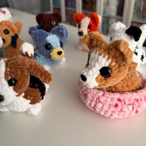 May include: A collection of handmade crochet dog toys in various colors and patterns. The dogs have black button eyes and are in different poses. One dog is in a pink bed.