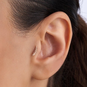 Feather Golden Tragus PIERCING, 14K SOLID GOLD