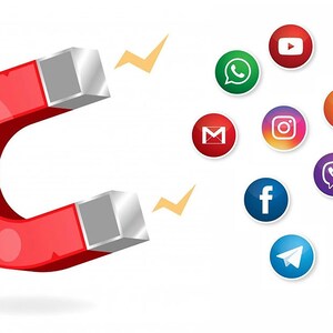 May include: A red horseshoe magnet with the text "Visit Up" on the side, attracting various social media icons, including Facebook, Twitter, Instagram, YouTube, and more.