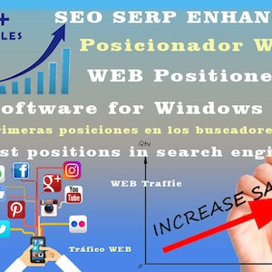 Może przedstawiać: Niebieski wykres pokazuje trend wzrostowy z tekstem "SEO SERP ENHANCER" i "WEB Positioner" nad wykresem. Tekst "Software for Windows" znajduje się pod wykresem. Tekst "First positions in search engines" znajduje się pod wykresem. Czerwona strzałka wskazuje w górę z tekstem "INCREASE SALES".