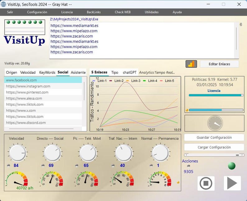 May include: A computer screen displaying a website analytics dashboard with a VisitUp logo, a list of websites, a graph showing traffic over time, and a series of gauges showing different metrics.