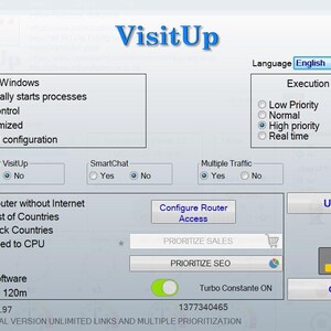 May include: A screenshot of the VisitUp software interface, showing options for configuring the software, including settings for starting with Windows, automatically starting processes, failure control, and advanced configuration. The software also includes options for exclusive PC use, SmartChat, multiple traffic, and execution priority. The interface also includes buttons for configuring the router, prioritizing sales and SEO, and updating the software.