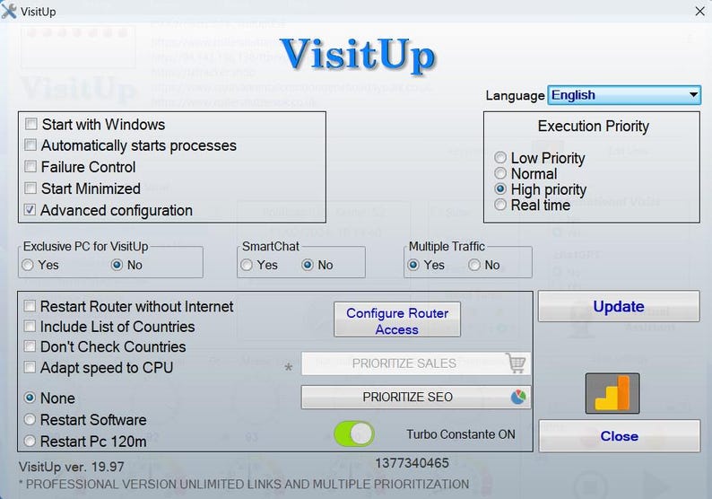 May include: A screenshot of the VisitUp software interface, showing options for configuring the software, including settings for starting with Windows, automatically starting processes, failure control, and advanced configuration. The software also includes options for exclusive PC use, SmartChat, multiple traffic, and execution priority. The interface also includes buttons for configuring the router, prioritizing sales and SEO, and updating the software.