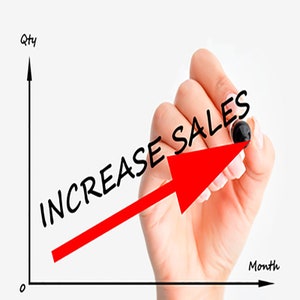 May include: A red arrow pointing upwards on a white background with the text "INCREASE SALES" written in black. The arrow is being drawn by a hand holding a black marker.