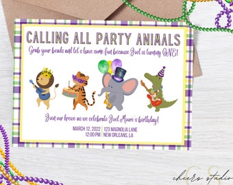 May include: A yellow, green, and purple plaid invitation with the text "Calling all party animals! Grab your beads and let's have some fun because Joel is turning ONE!"  The invitation features a cartoon lion, tiger, elephant, and alligator playing musical instruments. The text "Join our krewe as we celebrate Joel Moore's birthday!" is below the cartoon animals. The date, time, and location of the party are listed below the text. The text "cheers studio by Kelsey" is in the bottom right corner of the invitation.