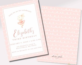 May include: Pink and white birthday invitation with a ballerina bunny illustration. The invitation reads "Join us as we celebrate Elizabeth's Third Birthday, January 7, 2023, 2:00-4:00, 123 Magnolia Loop S., Hattiesburg, MS 39475, RSVP to Michelle at 123.456.7890".