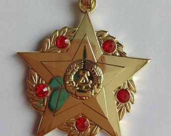 May include: A gold-colored star-shaped pendant with a red enamel emblem in the center. The star is surrounded by a wreath of leaves with red gemstones.