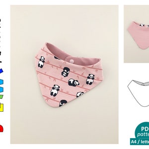 Puede incluir: Babero bandana rosa con estampado de panda y bambú. El babero tiene cierre de presión y está hecho de tela suave. Patrón PDF para tamaños A4, carta y A0.