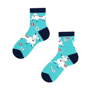 Può includere: Un paio di calzini blu turchese con un design di lama bianco e fiori rossi. I calzini hanno un polsino blu scuro.