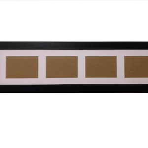 May include: A black rectangular picture frame with four apertures. Each aperture has a white border and a brown backing. The frame is designed to hold four photos or images, providing a simple and elegant display solution.