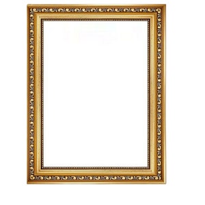 May include: A gold-coloured picture frame with an ornate design. The frame is empty and ready to hold a photo or artwork.