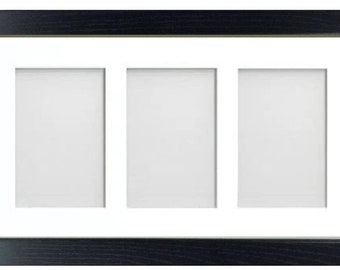 Wood Effect 20 x 8 Inches Black Picture Photo Frame with White 3-Aperture Mount for Image Size 6 x 4 Inches