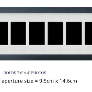 May include: A dark blue picture frame with a white mount and 7 openings for 7-6" x 4" photos. The frame is 9.5 cm x 14.6 cm.