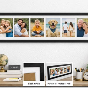 May include: A black framed multi-photo display with six openings, showcasing family photos. The frame is rectangular and mounted on a white wall. The display includes a close-up of the frame's corner and a smaller image with the text "Perfect for Photos or Art!"
