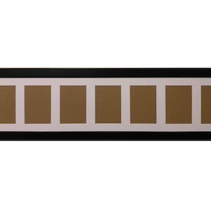 May include: A rectangular black picture frame with eight openings. Each opening has a brown backing and is surrounded by a white mount. The frame is designed to hold multiple photos or artwork.