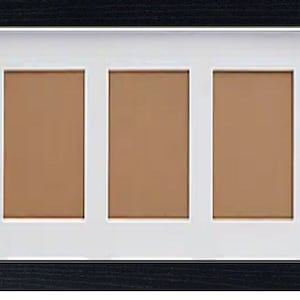 May include: Black picture frame with 10 openings for photos. The frame has a white mount and a black wood frame.